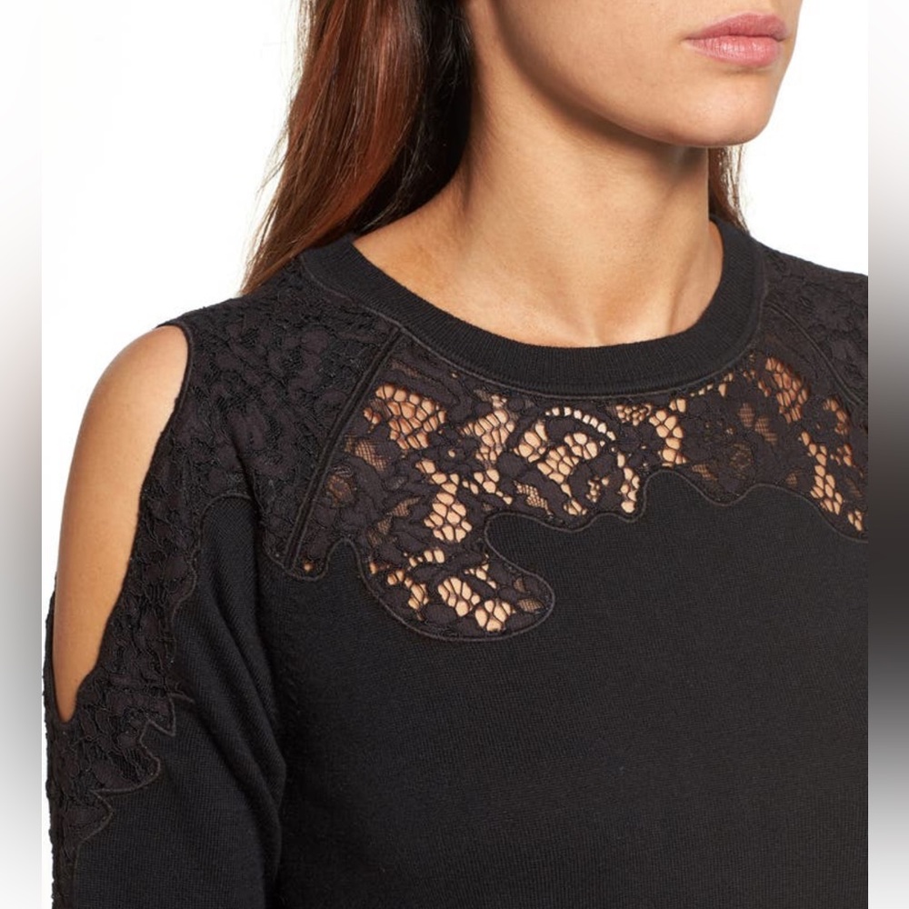 Halogen Embroidered lace trim & shoulder cutouts romantic crewneck sweater